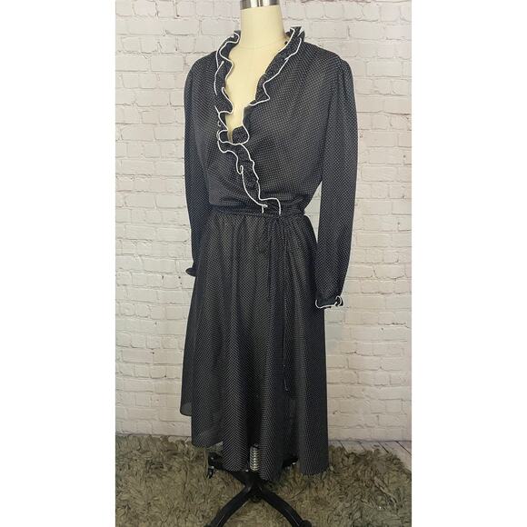 Vintage Black Ruffled Polkadot Long Sleeve Polyester Dress Medium Large - Picture 2 of 3